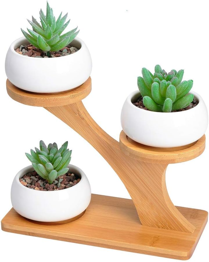 indoor home garden Cute Succulent ladder flower pot 3 tier Tabletop shelf rack wood bamboo tree shape small plant stand