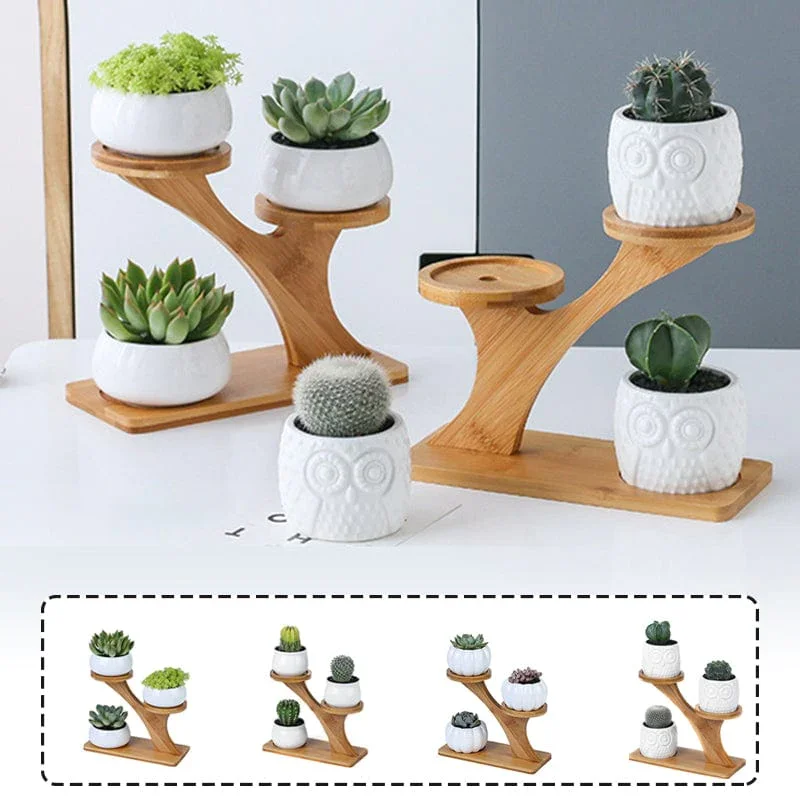 indoor home garden Cute Succulent ladder flower pot 3 tier Tabletop shelf rack wood bamboo tree shape small plant stand