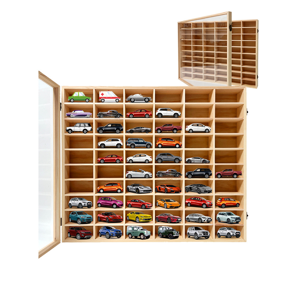 1/64 Toy storage rack shelf cabinet organizer gabinet bamboo wood baby kids toy figure Hotwheels display case with Acrylic lid