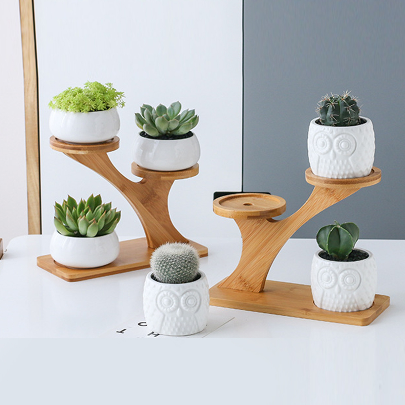 luxury office plant rack 3 Tier Bamboo Stand storage tree top bamboo frame Flower Pot Ceramic Succulent Pots with bamboo rack