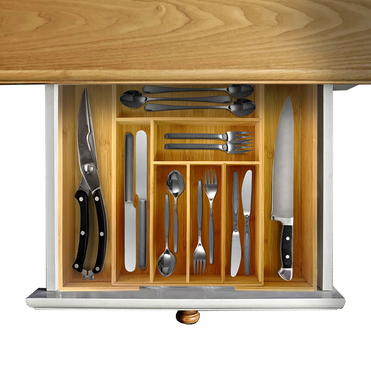 expandable adjustable kitchen accessory cutlery holder drawer organizer wooden bamboo cutlery tray utensil drawer organizer