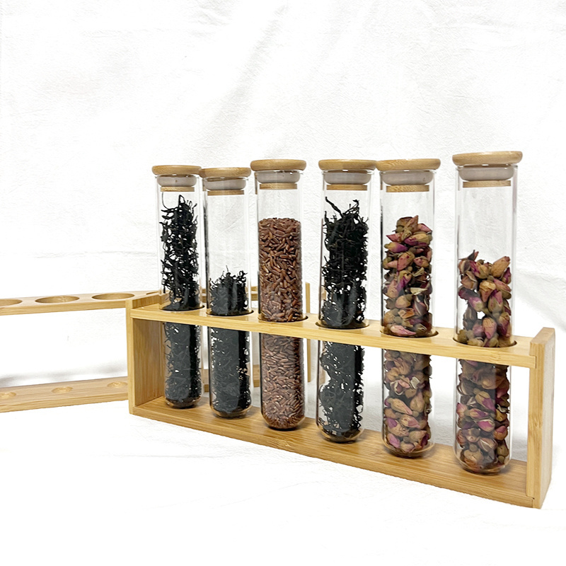 Multipurpose Bamboo Cabinet Pantry Kitchen Shelf Spice Rack Organizer Wooden Test Tube Display Rack with Glass Jars Set