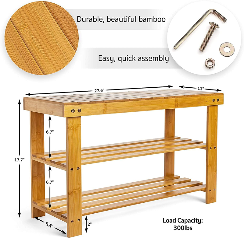 3 Tier Weatherproof hallway seating bamboo shoe Organizer bench bathroom bamboo storage rack wood bamboo shoe rack for Entryway