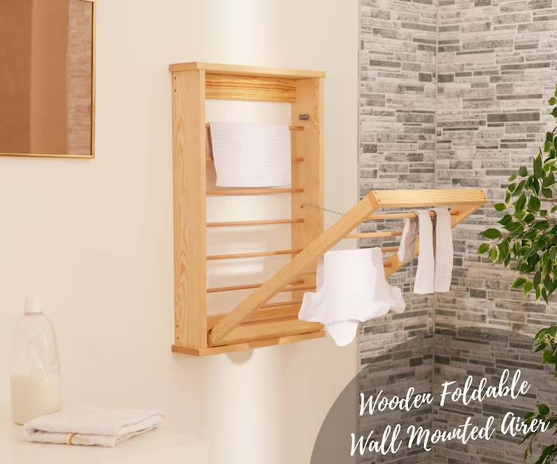 Double Side Bars foldable hanger drying Clothes Airer rack clothes bamboo wood wall mounted drying rack For Laundry