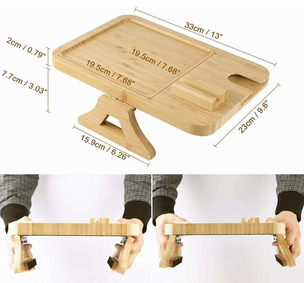 Bamboo Non Slip Couch Sofa Arm Tray Table Clip Wooden couch tray sofa arm cup holder with Wine Glass Holder and Phone Holder