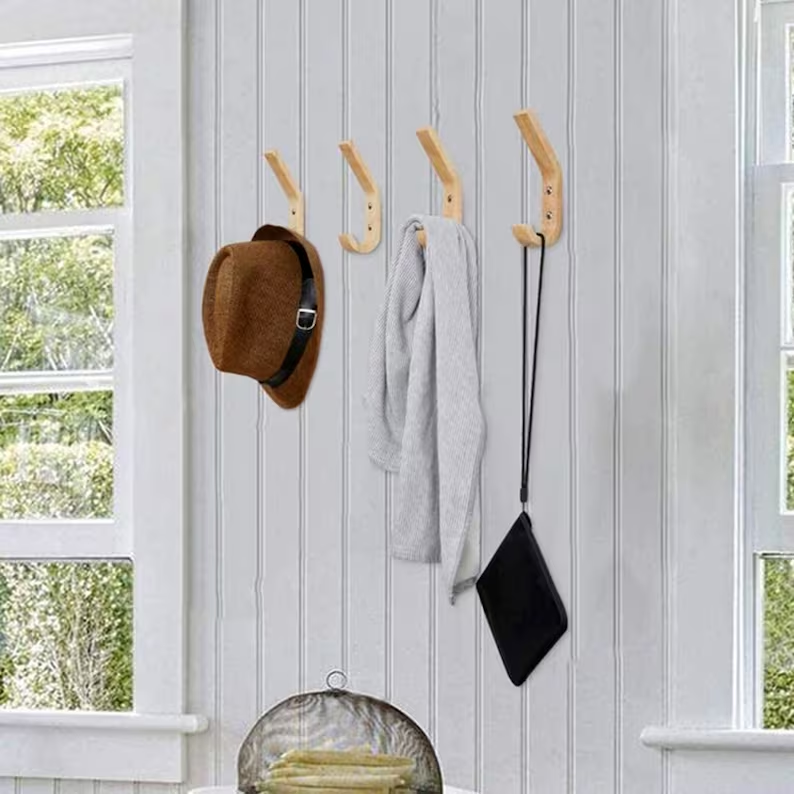 Decorative Natural Heavy Duty Wood Wall Hooks wall mounted folding clothes hanger drying rack bamboo wall clothes hanger