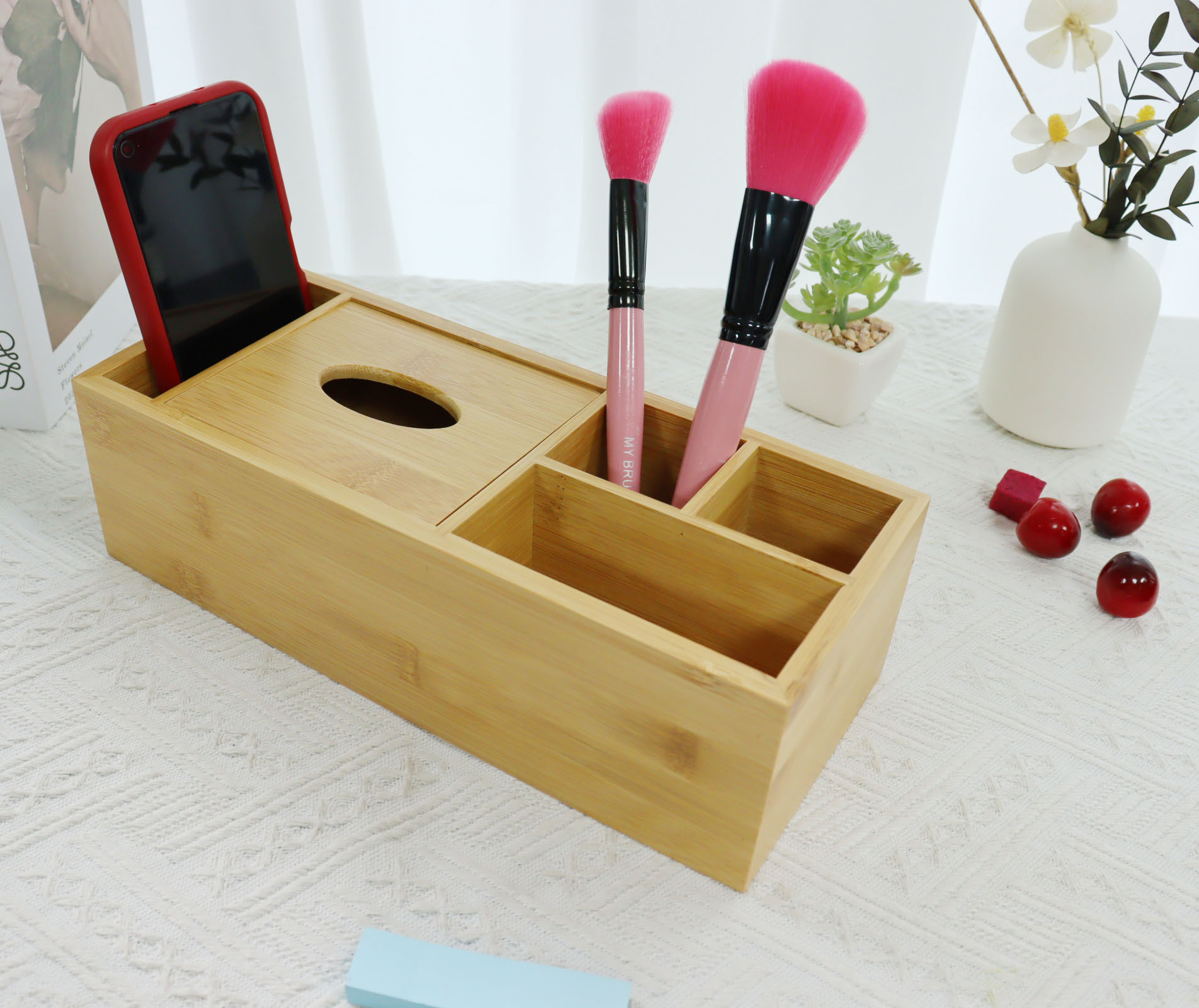 Custom logo bamboo desktop remote control phone pen cosmetic makeup brush organizer container desk office organizer for desk