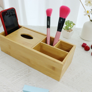 Custom logo bamboo desktop remote control phone pen cosmetic makeup brush organizer container desk office organizer for desk