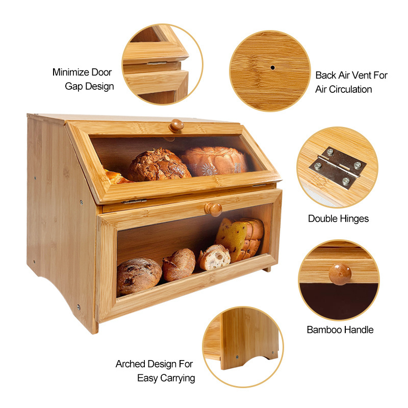 Kitchen Storage Capacity Customized Double Layer Large Bamboo Bread Box For Food kitchen bread box bamboo bread box