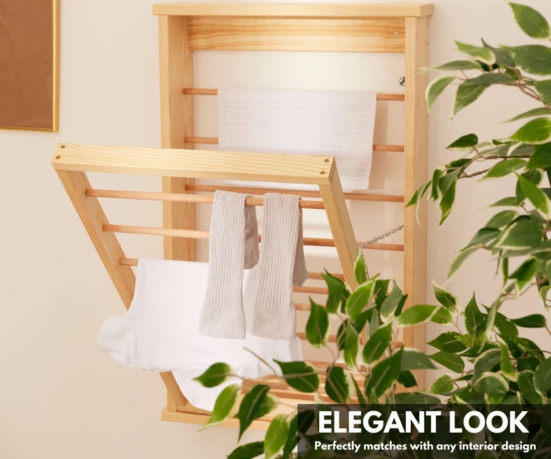 Double Side Bars foldable hanger drying Clothes Airer rack clothes bamboo wood wall mounted drying rack For Laundry