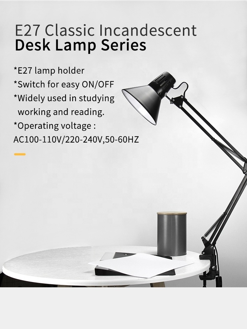 SML Swing Arm Desk Lamp with Clamp Mount Office Bedroom Table Lamp Metal Neck Home Essentials Reading Light