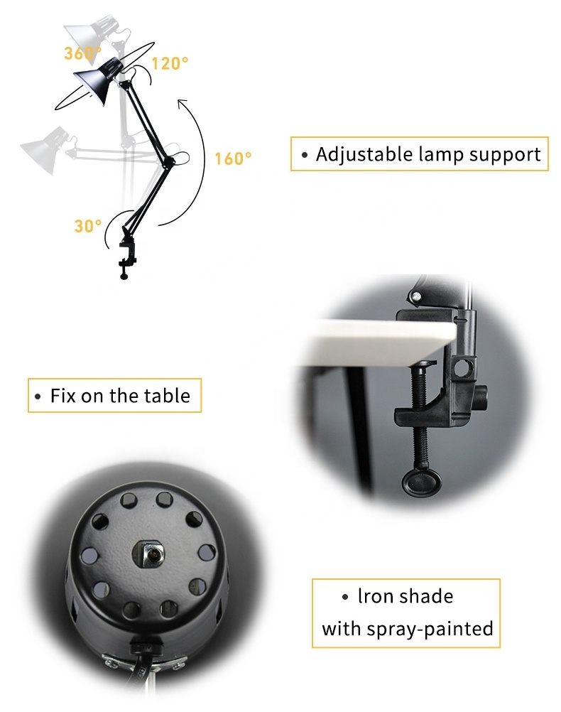 SML Swing Arm Desk Lamp with Clamp Mount Office Bedroom Table Lamp Metal Neck Home Essentials Reading Light