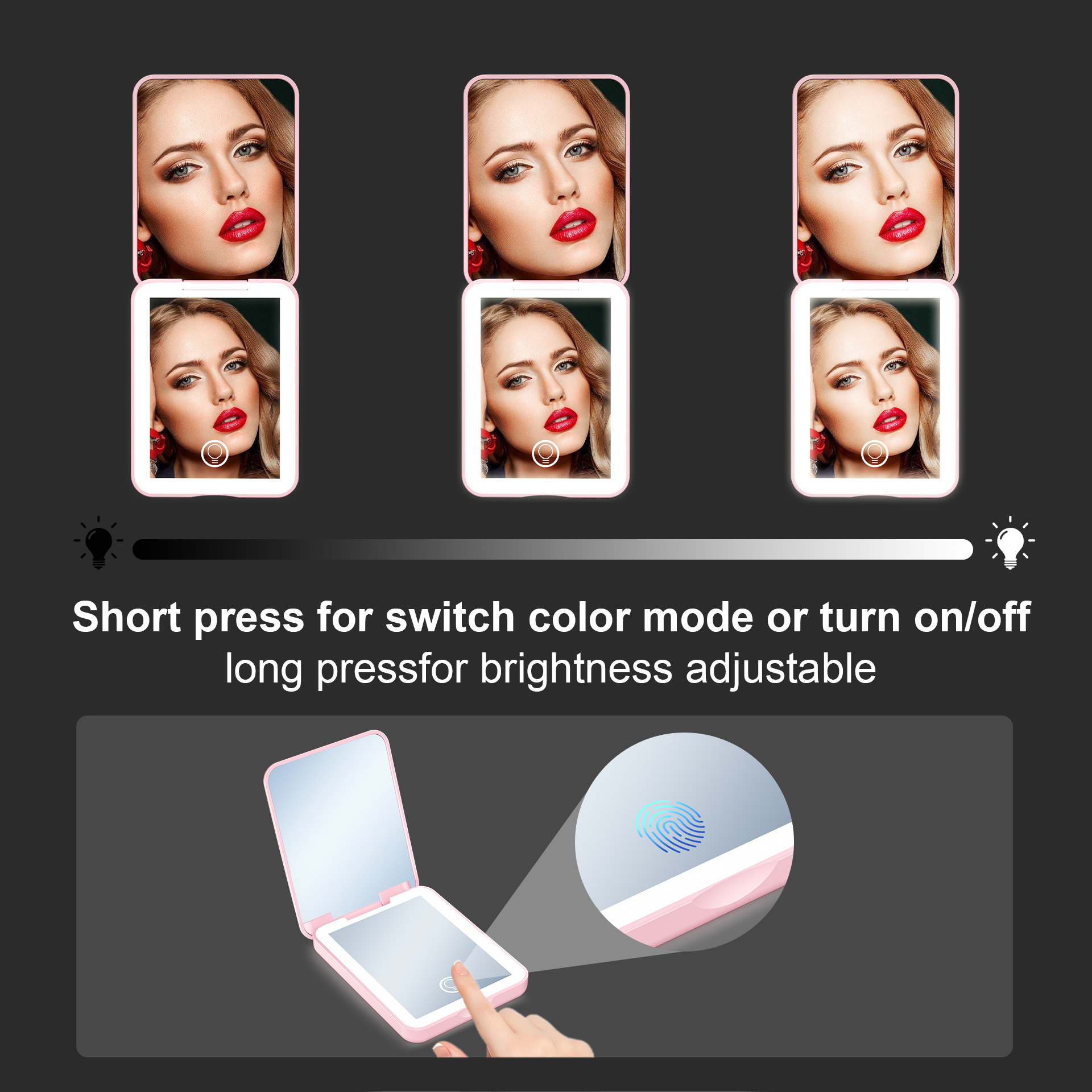 Rechargeable LED Light Pocket Purse Hand Held Portable Folding Small Mini Makeup Mirror with 3 Color Lights Switch