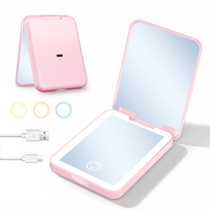 Rechargeable LED Light Pocket Purse Hand Held Portable Folding Small Mini Makeup Mirror with 3 Color Lights Switch