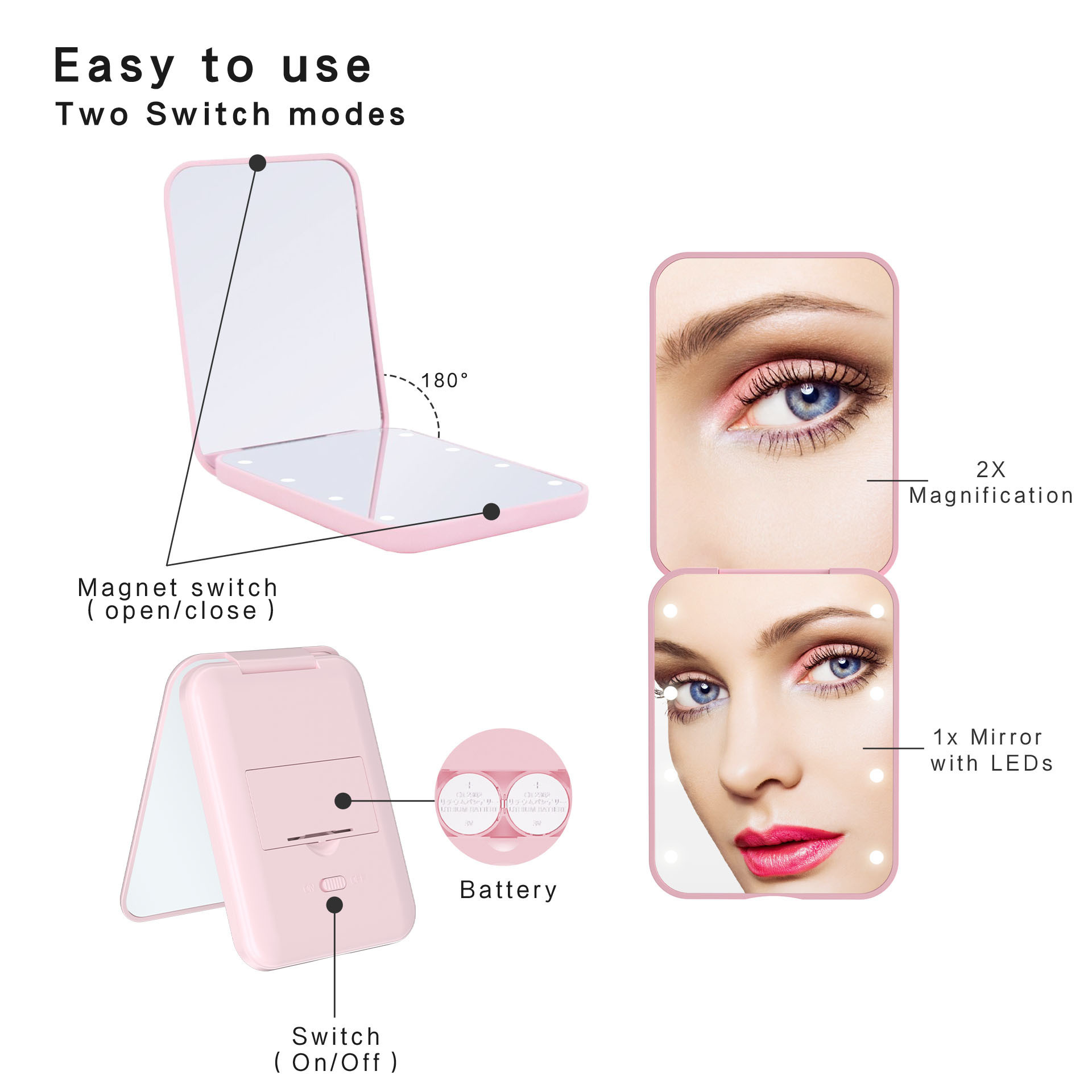 Custom 1X/2X Magnification Cute LED Light Pocket Purse Hand Held Portable Folding Small Mini Makeup Mirror