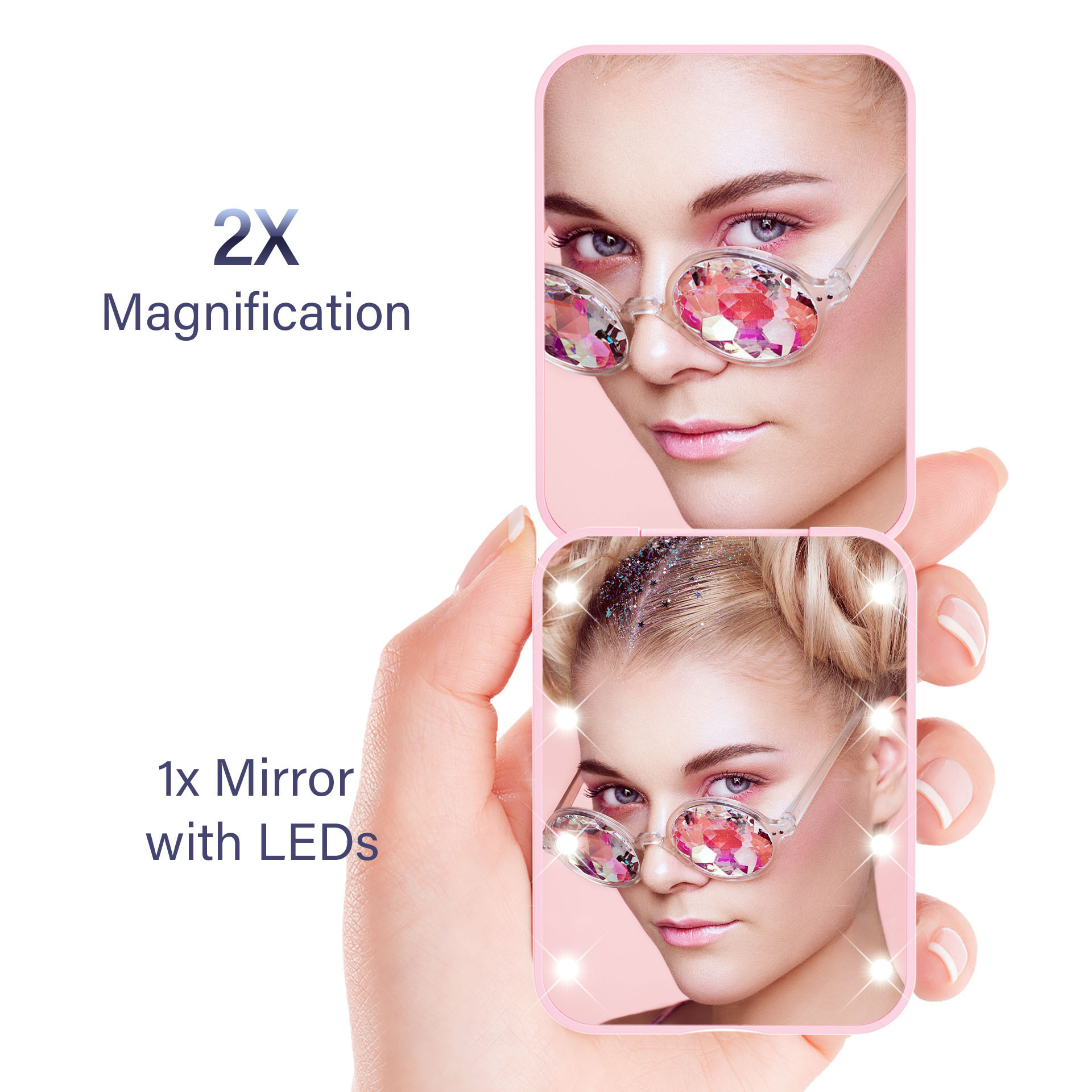 Custom 1X/2X Magnification Cute LED Light Pocket Purse Hand Held Portable Folding Small Mini Makeup Mirror