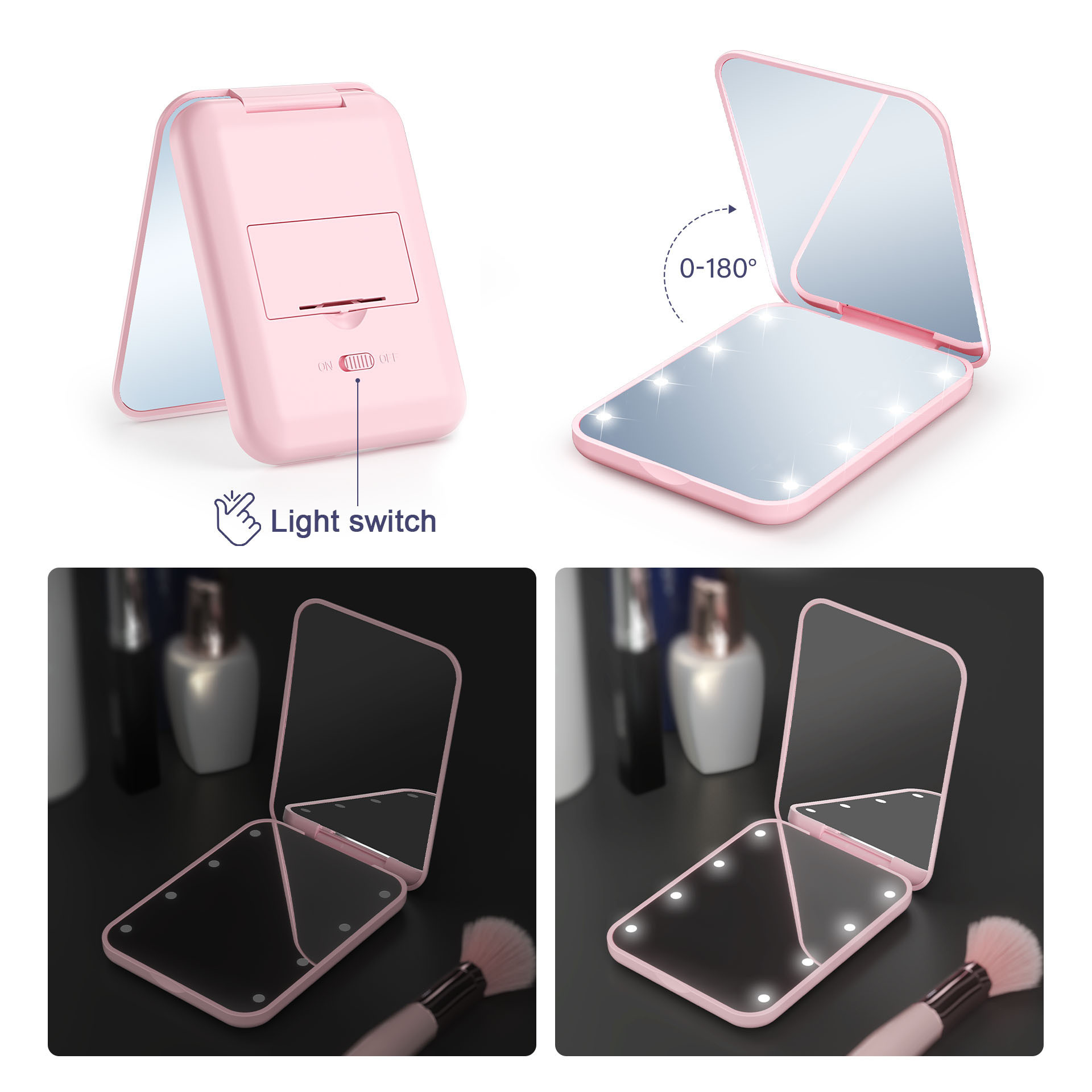 Custom 1X/2X Magnification Cute LED Light Pocket Purse Hand Held Portable Folding Small Mini Makeup Mirror