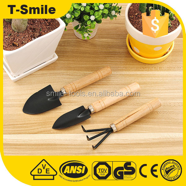 Home and Garden Wood Handle 3pcs set Mini Tools Spade Shovel Rake