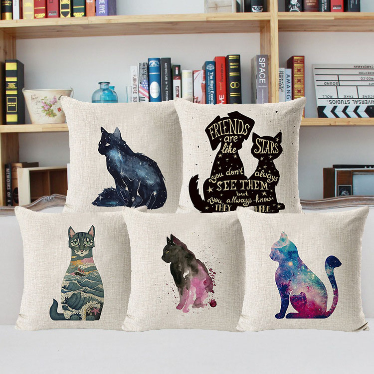 2024 Hot Sale Galaxy Cat Watercolor Print Modern New Factory OEM Wholesale Cotton Linen Garden Furniture Pillow Case