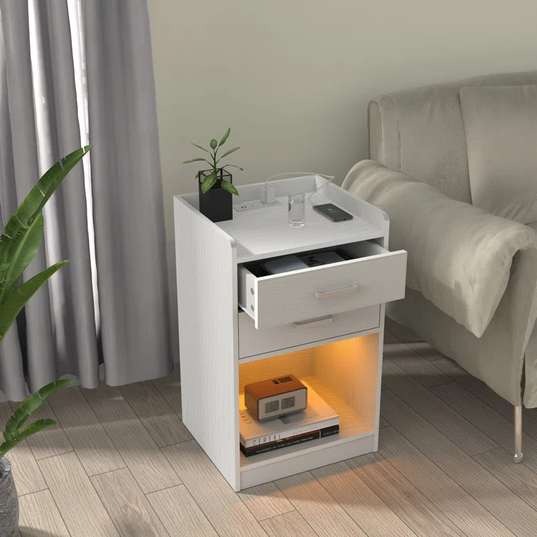 Modern Simple Design White Furniture LED Lighted And 2 Drawers Smart Bedside Table For Bedroom