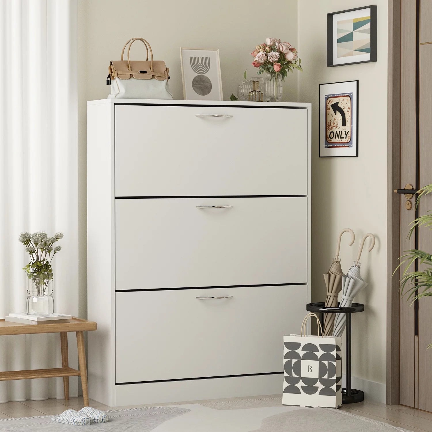 Modern European Design White Entry Furniture Huge Storage Space Shoe Cabinet For Living Room