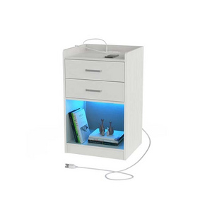 Modern Simple Design White Furniture LED Lighted And 2 Drawers Smart Bedside Table For Bedroom