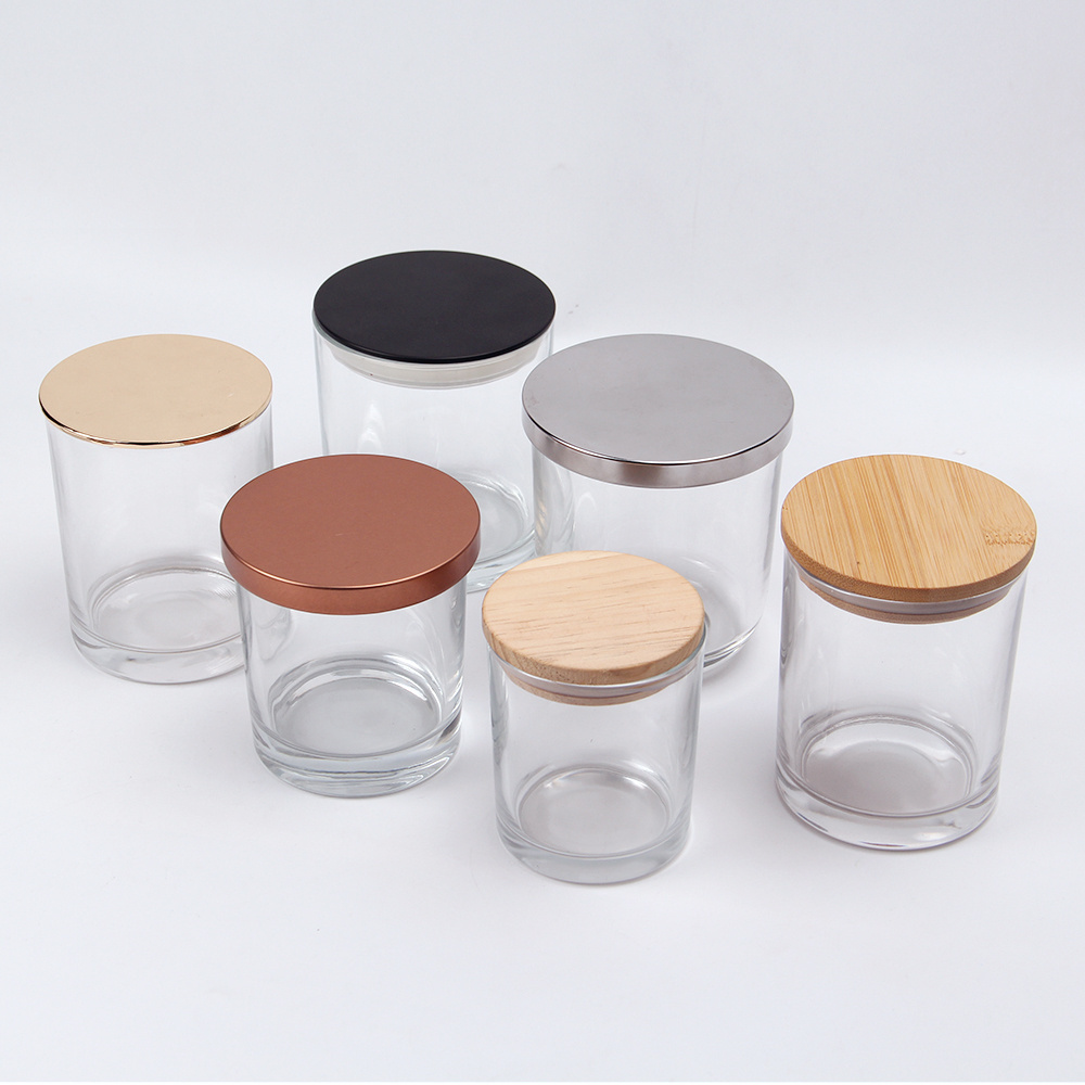 Empty Clear Glass Candle Jars High Borosilicate Glass Candle Holder with Bamboo Wooden Metal Lid