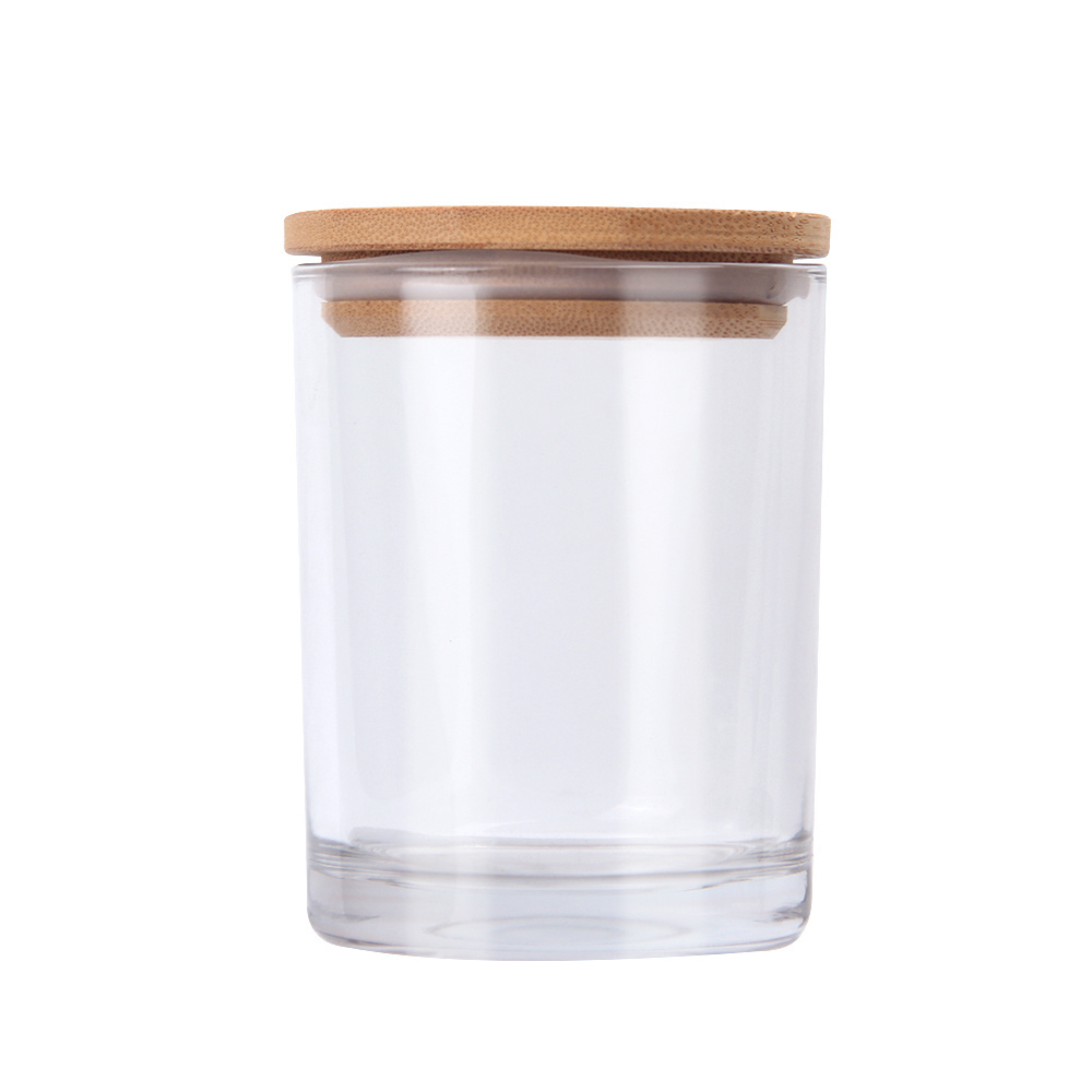 Empty Clear Glass Candle Jars High Borosilicate Glass Candle Holder with Bamboo Wooden Metal Lid