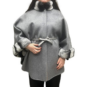 Elegant Chinchilla Rex Rabbit Fur Collar Cuffs Shawl Winter Poncho Oversized Women Cape