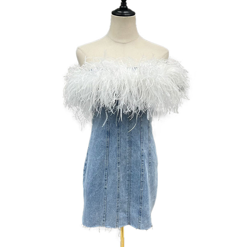 Luxury Party Strapless Jean Tube Dress Trendy Women Sexy Denim Dress with Ostrich Feather