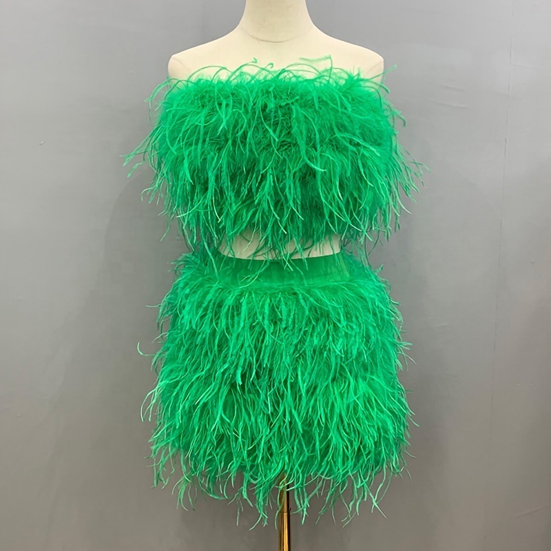 Fashion Sexy Crop Fur Top Feather Skirt Set Solid Color Ostrich Feather Fur Two Piece Set Women