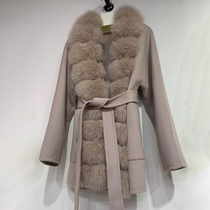 High Quality Women Wool Coat Fluffy Fox Fur Trimming Women Cashmere Coat with Belt