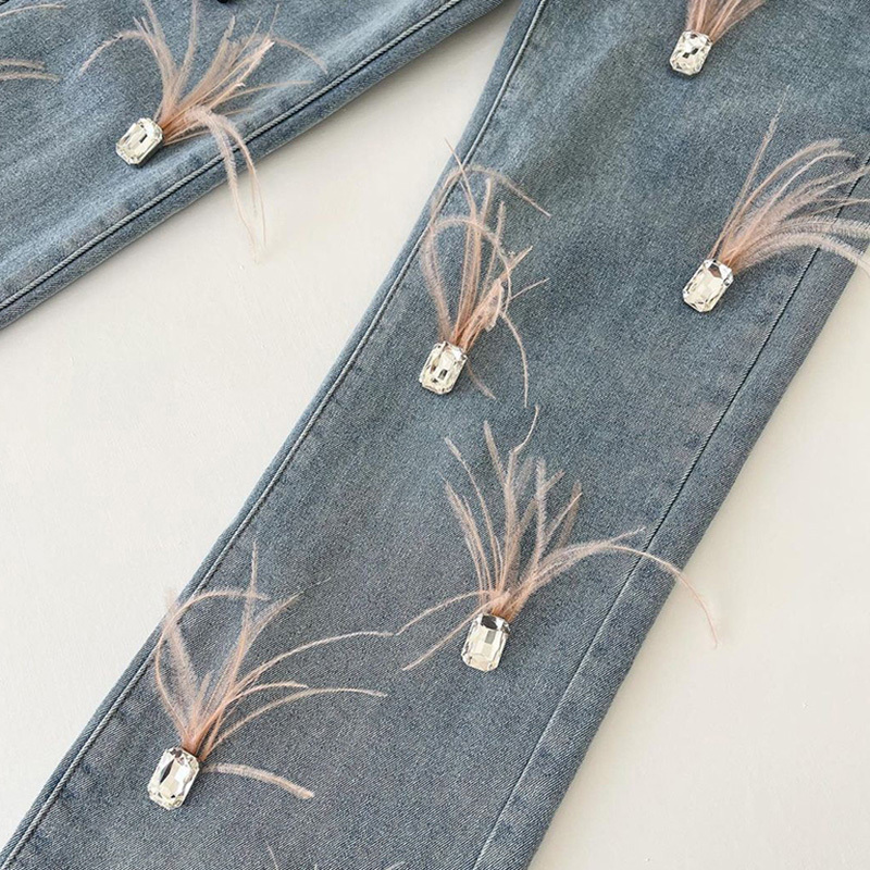 Spring New Design Denim Ladies Ostrich Feather Diamond Pants Jeans For Women