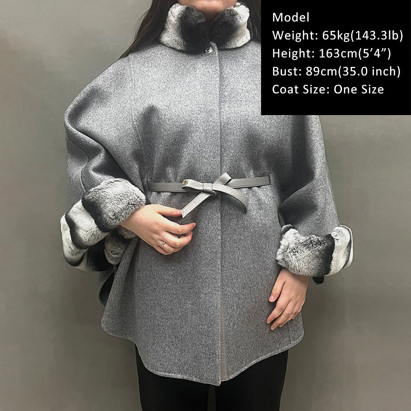 Elegant Chinchilla Rex Rabbit Fur Collar Cuffs Shawl Winter Poncho Oversized Women Cape