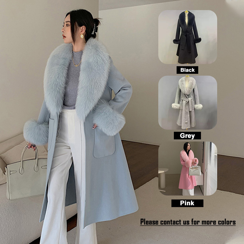 Winter Warm Alpaca Real Sheep Wool Long Coats Women Real Cashmere Wool Coat with Detachable Fox Fur Collar Cuffs