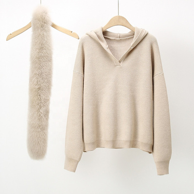 Custom Color Wool Pullover 2 Piece Sets Hooded Fox Fur Collar Knitted Set Sweater Pants For Women