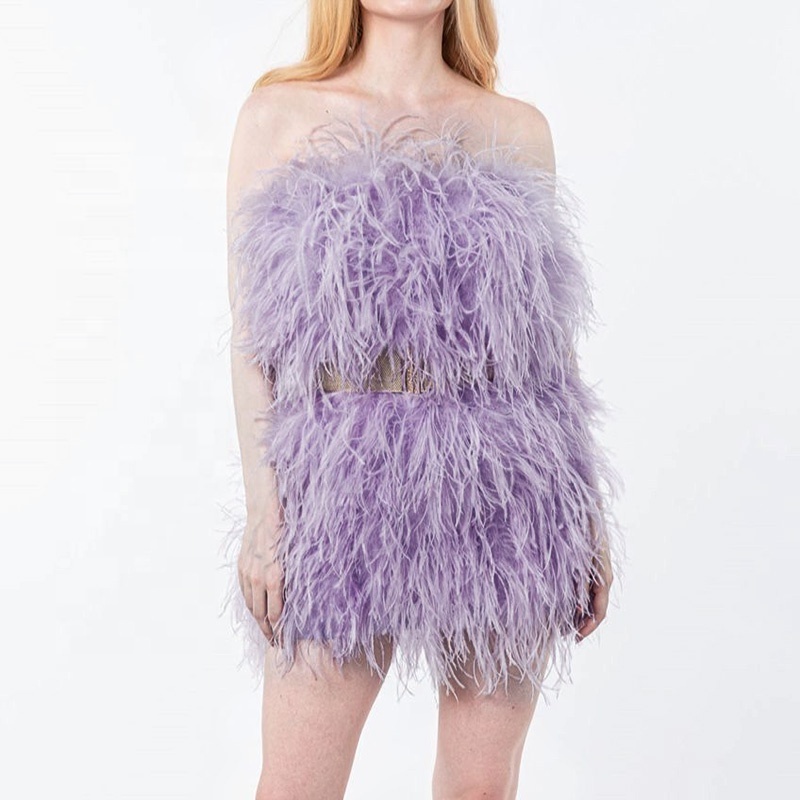 Fashion Sexy Crop Fur Top Feather Skirt Set Solid Color Ostrich Feather Fur Two Piece Set Women