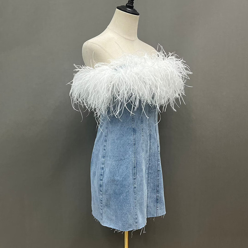 Luxury Party Strapless Jean Tube Dress Trendy Women Sexy Denim Dress with Ostrich Feather