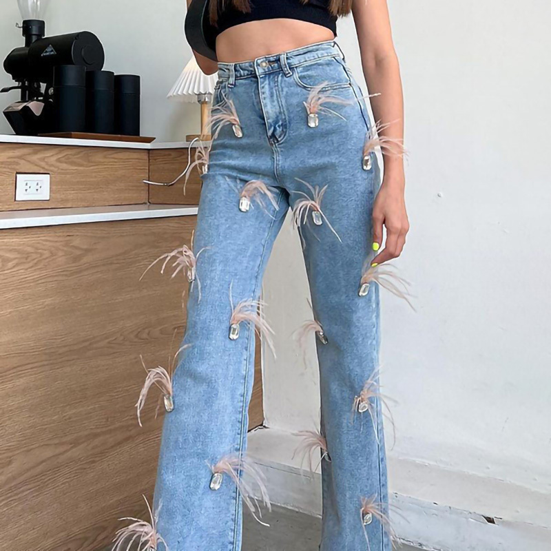 Spring New Design Denim Ladies Ostrich Feather Diamond Pants Jeans For Women