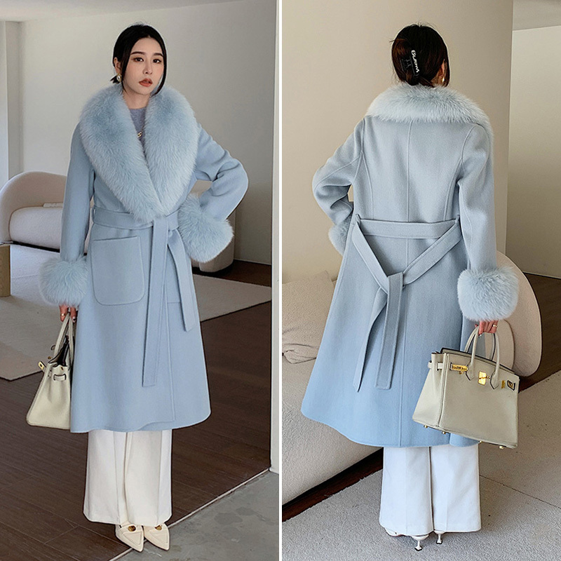 Winter Warm Alpaca Real Sheep Wool Long Coats Women Real Cashmere Wool Coat with Detachable Fox Fur Collar Cuffs