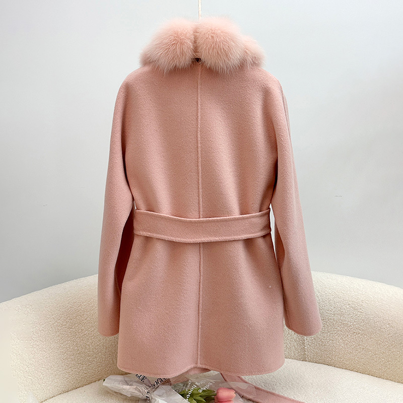 High Quality Women Wool Coat Fluffy Fox Fur Trimming Women Cashmere Coat with Belt