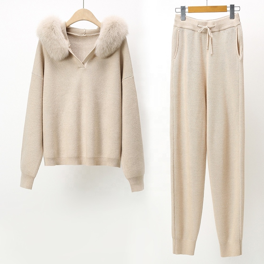 Custom Color Wool Pullover 2 Piece Sets Hooded Fox Fur Collar Knitted Set Sweater Pants For Women