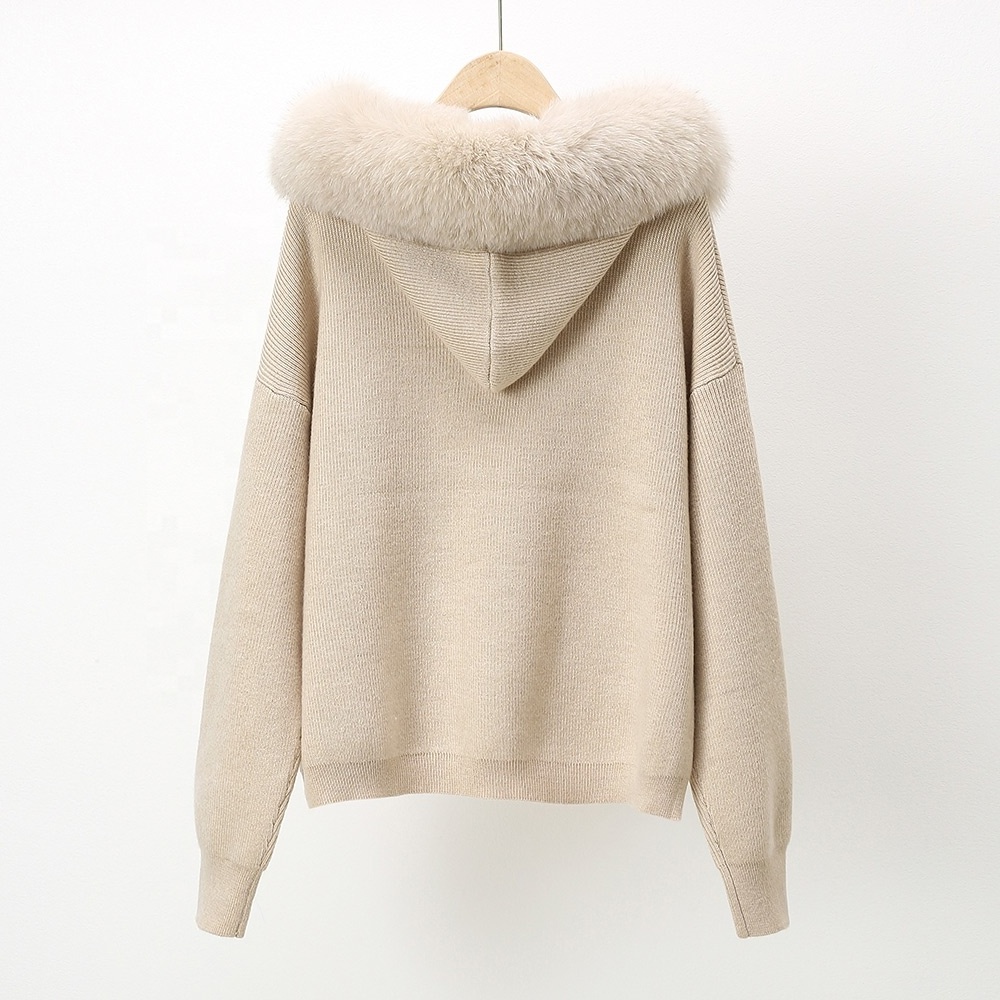 Custom Color Wool Pullover 2 Piece Sets Hooded Fox Fur Collar Knitted Set Sweater Pants For Women