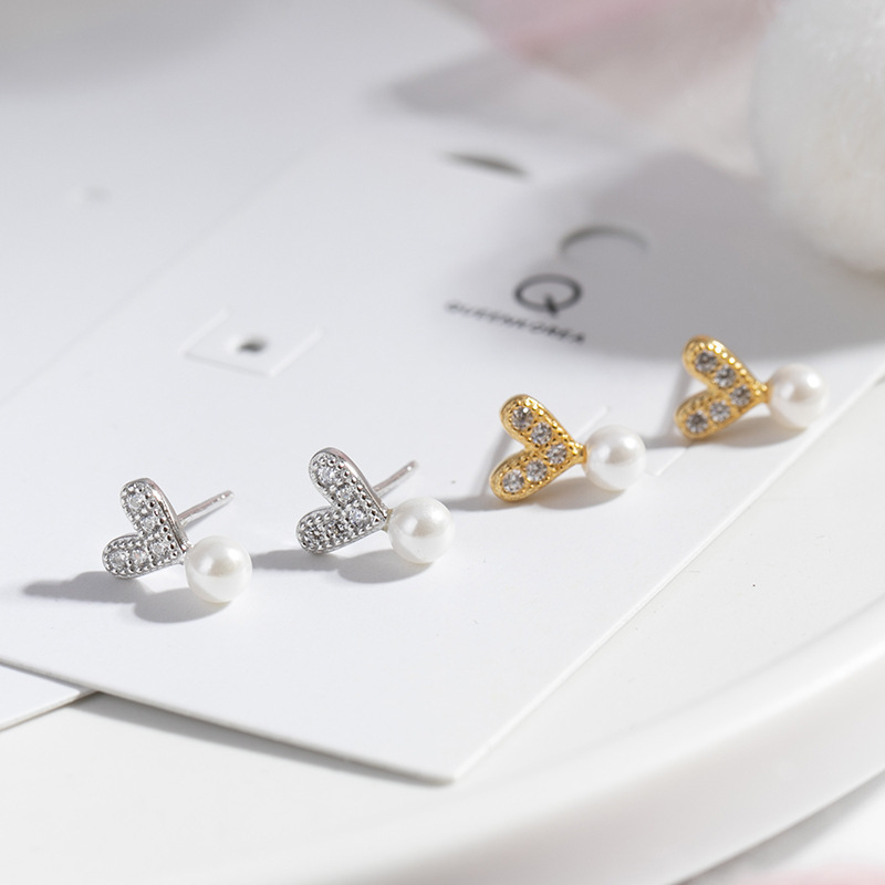 2024 new fashion silver earrings jewelry women real sterling silver gold plated heart shape with zircon pearl stud earring women