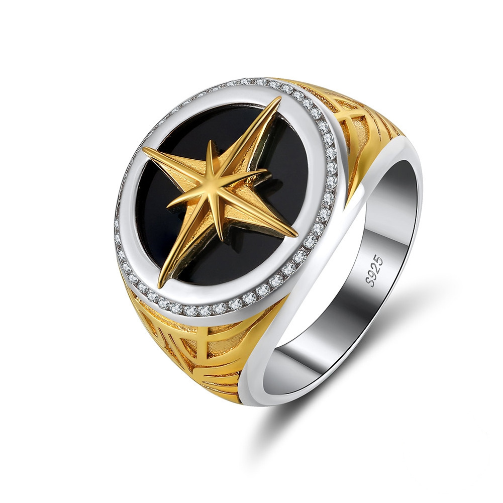 fine jewelry 925 silver rings men 925 sterling silver black agate 18K gold plated star ring retro silver 925 ring men