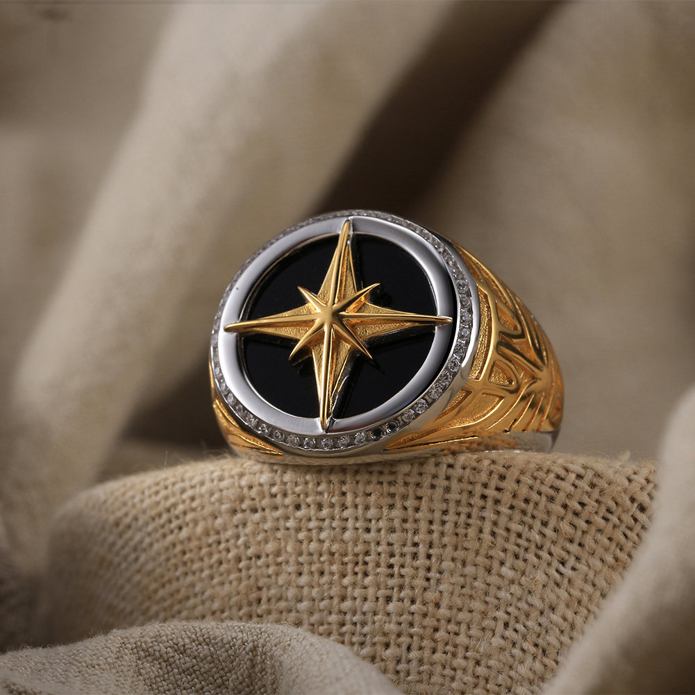 fine jewelry 925 silver rings men 925 sterling silver black agate 18K gold plated star ring retro silver 925 ring men