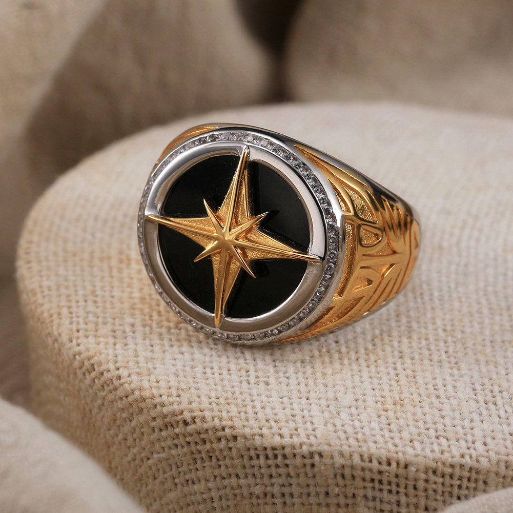 fine jewelry 925 silver rings men 925 sterling silver black agate 18K gold plated star ring retro silver 925 ring men