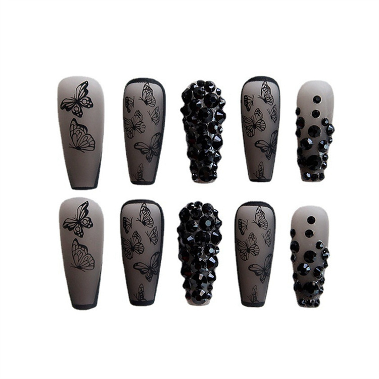 Gothic Black Long Ballerina False Nails with Design Butterfly Coffin False Nail Tips Press On Nails Rhinestone Manicure Patches