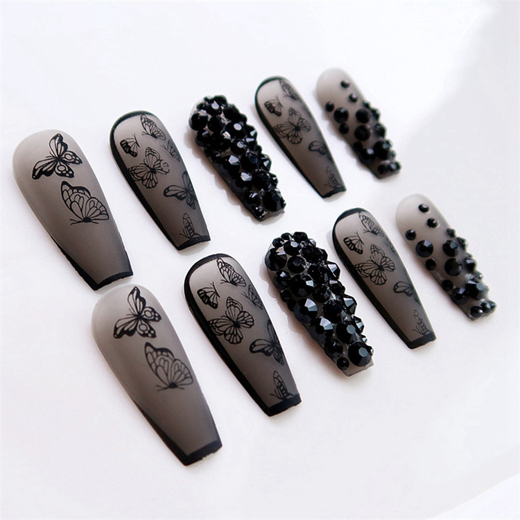 Gothic Black Long Ballerina False Nails with Design Butterfly Coffin False Nail Tips Press On Nails Rhinestone Manicure Patches