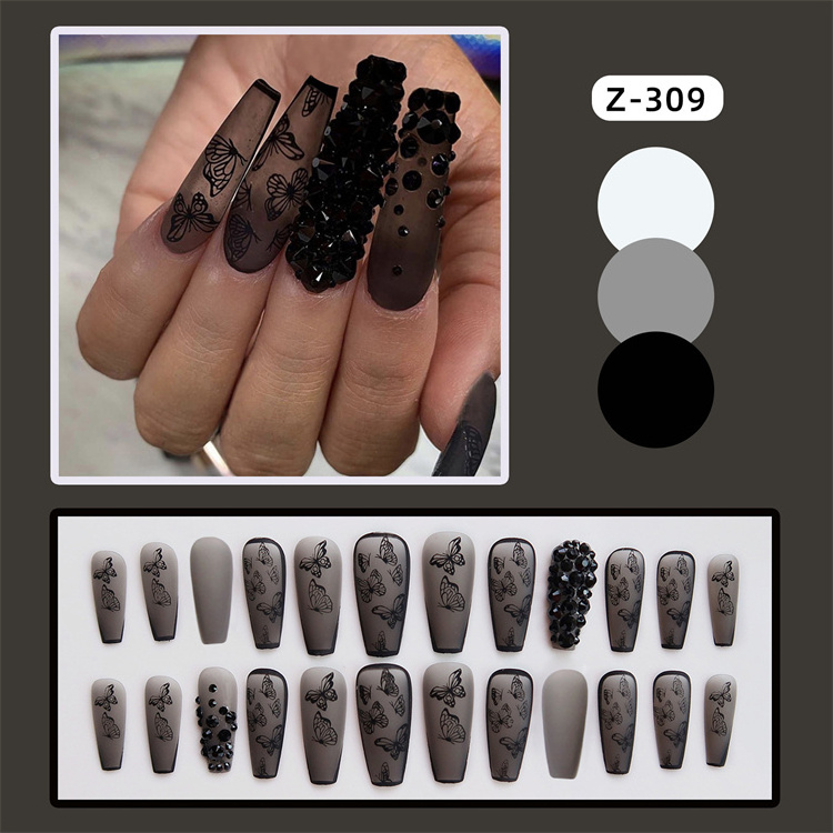 Gothic Black Long Ballerina False Nails with Design Butterfly Coffin False Nail Tips Press On Nails Rhinestone Manicure Patches